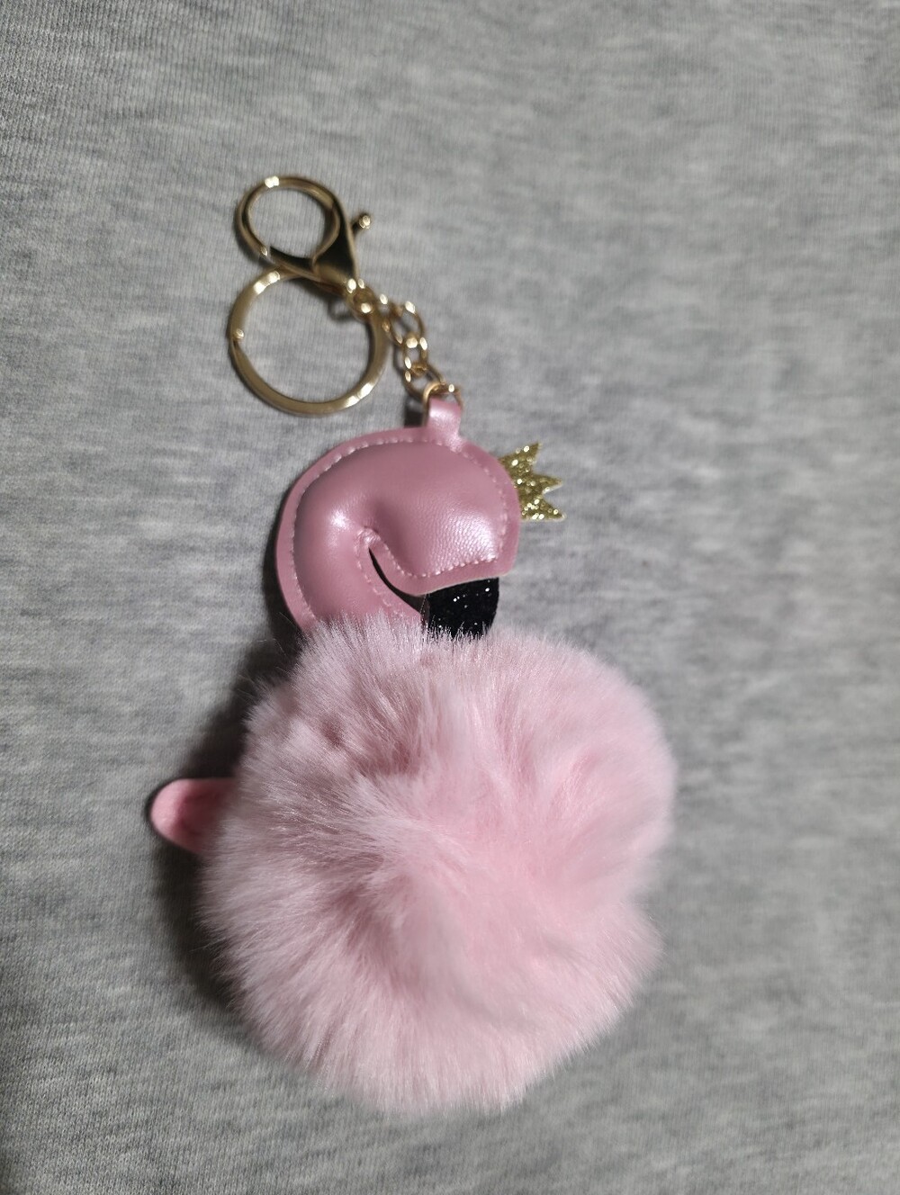 Pink Flamingo Pom-Pom Keychain with Gold Crown